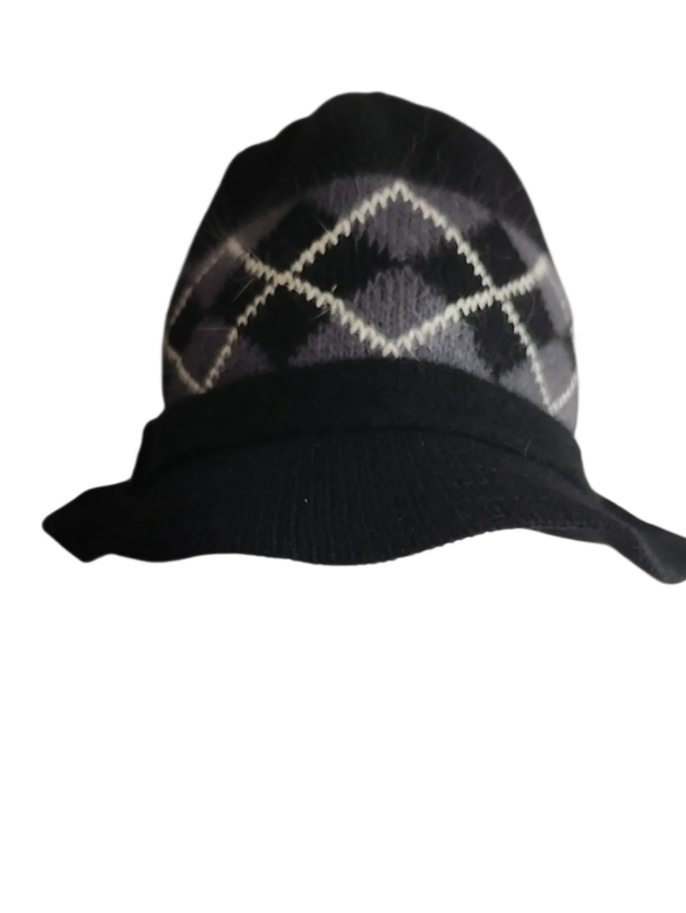 Fedora Cloche Bucket Hat Black And Grey Argyle Knit Wool/ Angora - Unbranded